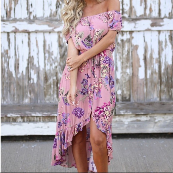 Pink Floral Off Shoulder Hi Low Dress - Picture 2 of 3